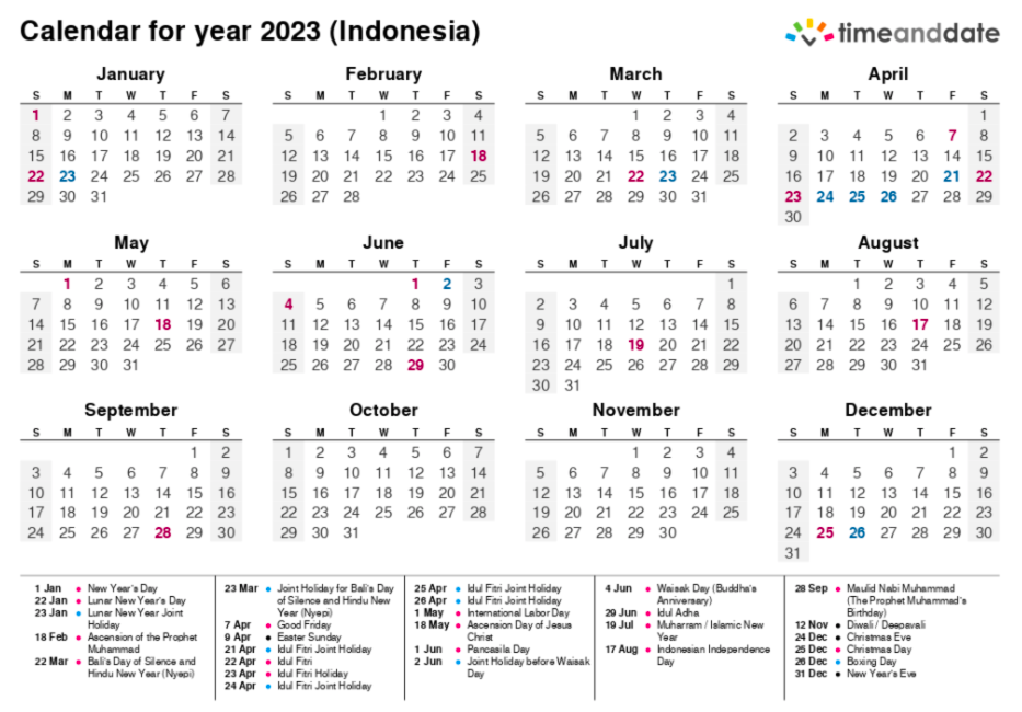 Ilustrasi kalender 2023 - Daftar long weekend dan hari kejepit di 2023 yang bisa kamu pilih buat ambil jatah cuti. (Tangkapan layar timeanddate.com)